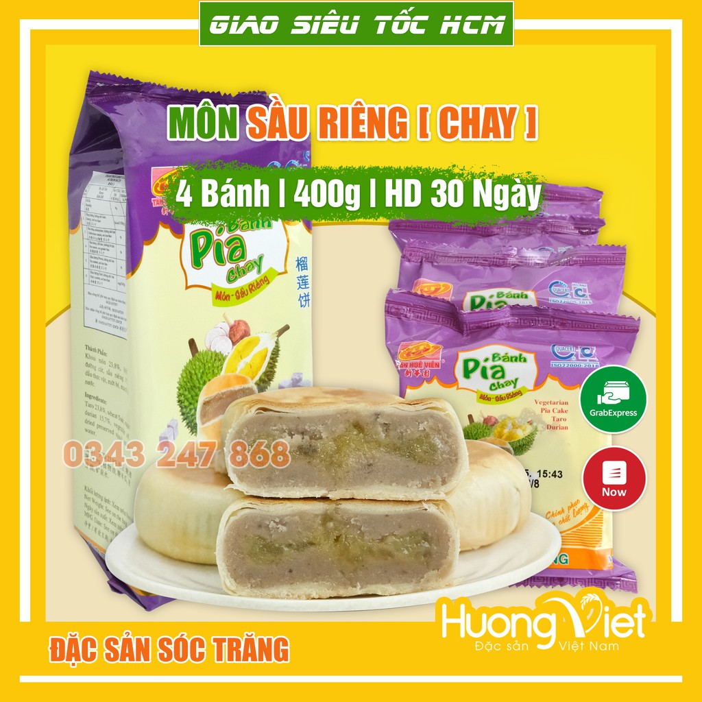 Bánh pía chay môn sầu riêng Tân Huê Viên 400g bánh pía không trứng Tân Huê Viên Sóc Trăng gói 4 bánh bao bì riêng từng bánh HSD 30 ngày
