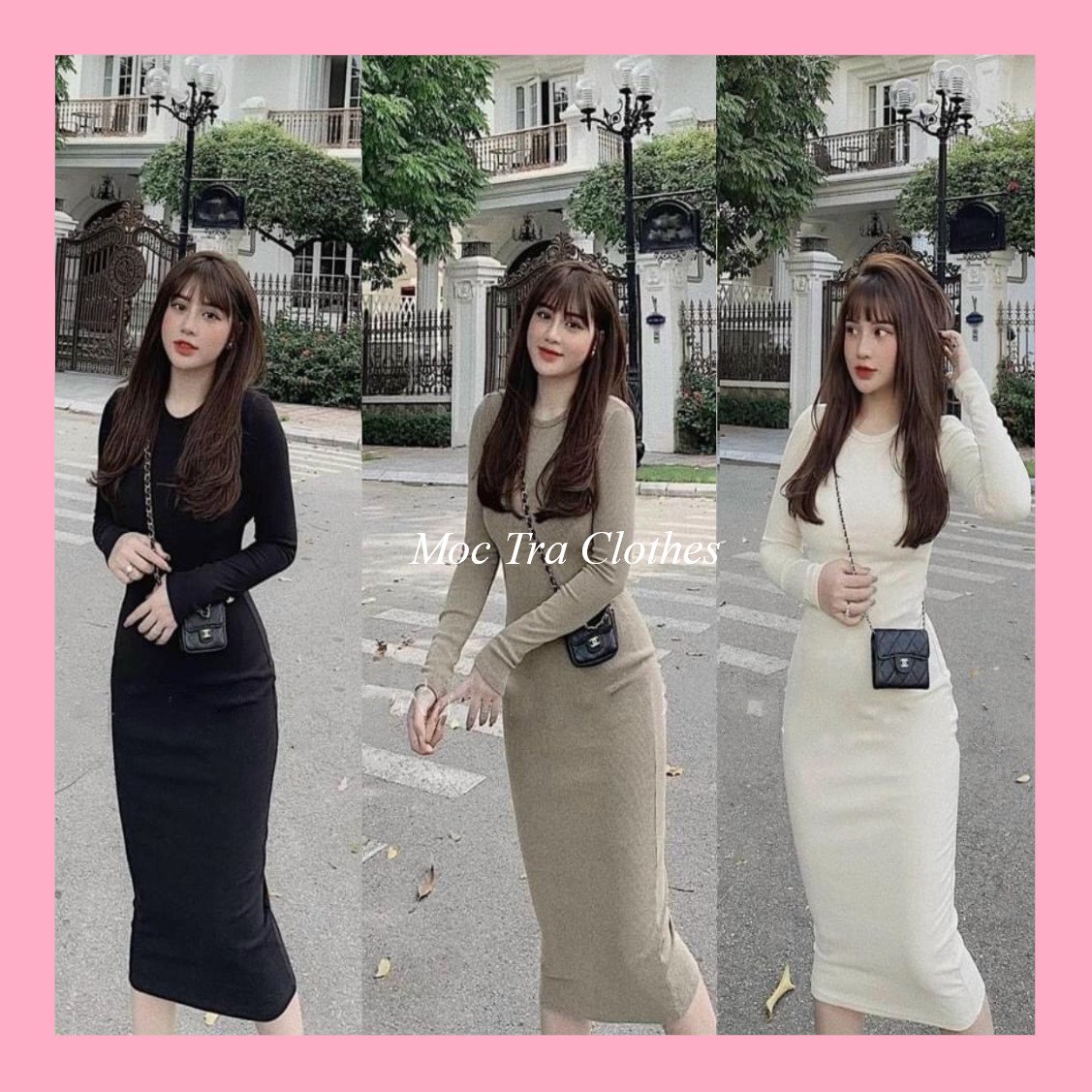 Váy body nữ Loại 1 dài tay trơn cổ tròn dáng dài siêu xinh, Đầm nữ dự tiệc chất len tăm co dãn đẹp