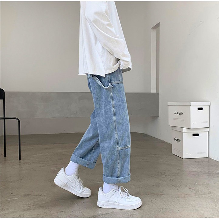 Quần bò nam nữ dáng baggy suông thiết kế mix dây, quần jean nam ống suông nam nữ, quần bò dây ống rộng cá tính