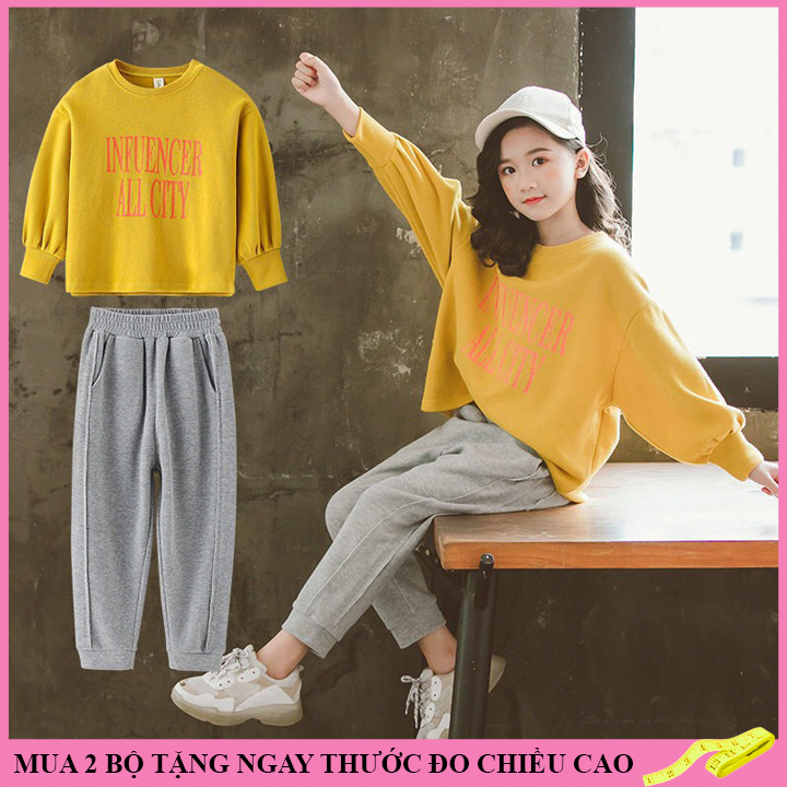 Bộ thu đông bé gái 14-45kg, set thu đông bé gái 4-15 tuổi all city 2 màu vàng và ghi sang chảnh