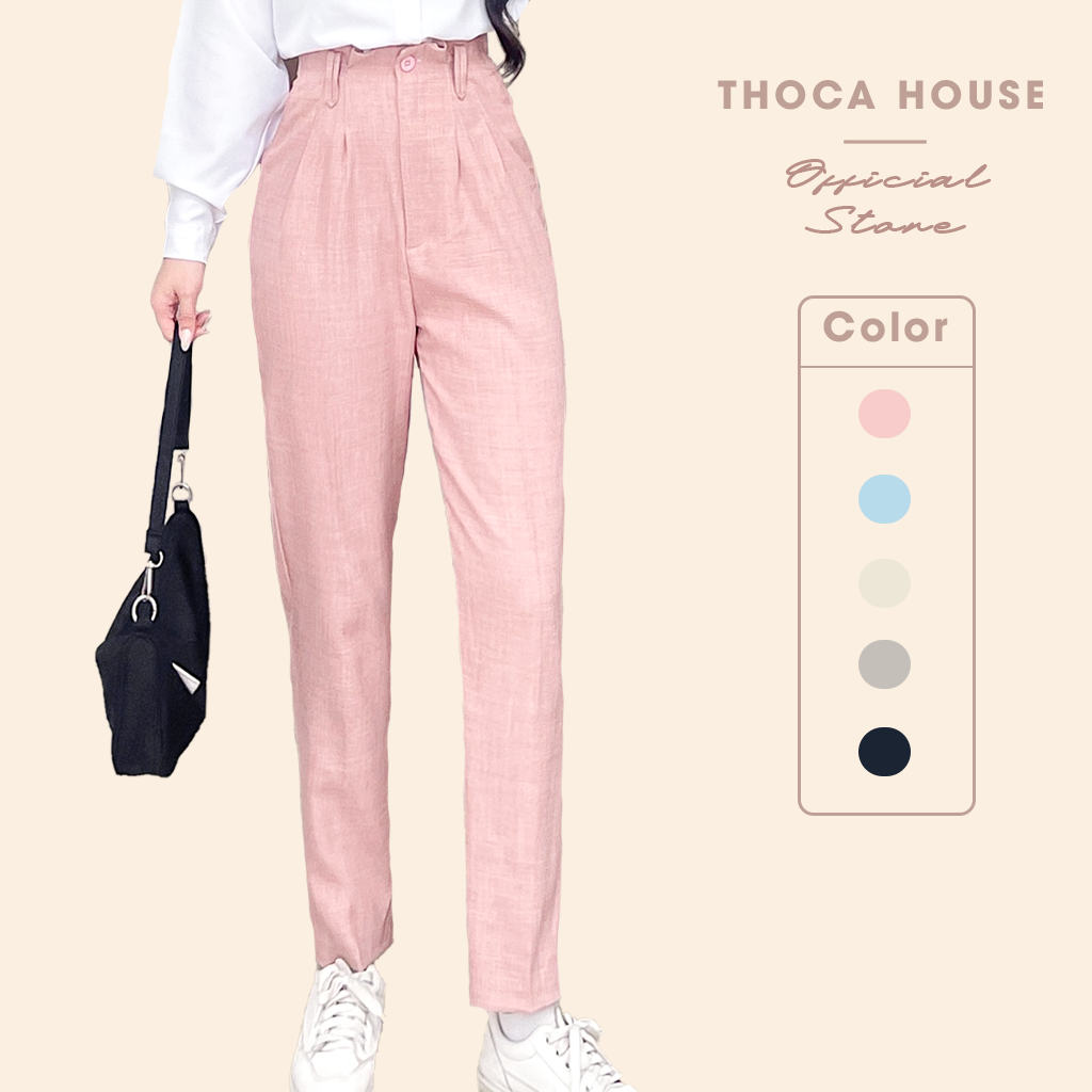 Quần baggy nữ li kiểu trơn kem, hồng, xám, xanh, đen THOCA HOUSE mặc công sở, đi học chuẩn form