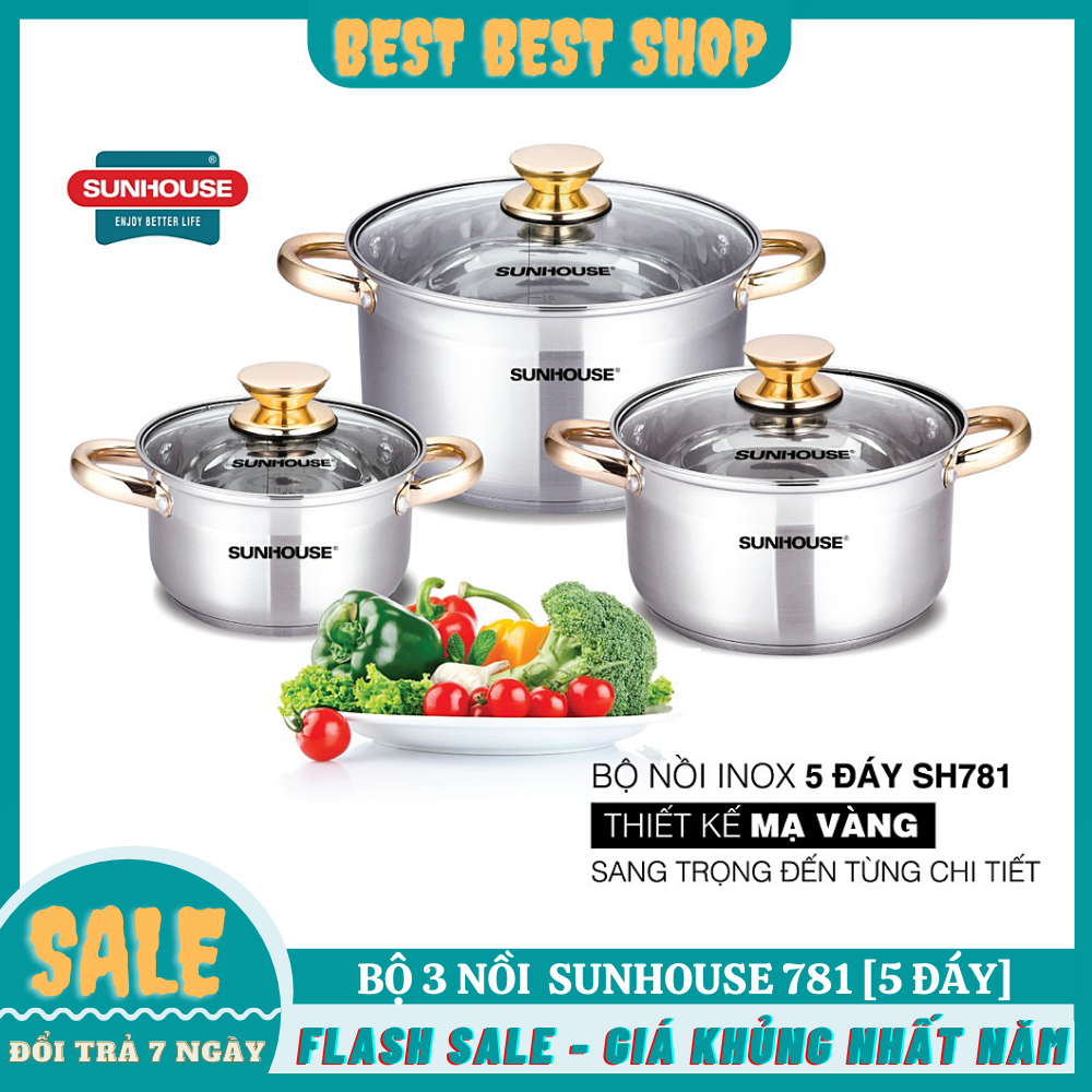 [HÀNG CHUẨN] Bộ 3 Nồi Sunhouse Sh781 Inox Cao Cấp Kích Thước 16-20-24cm Đáy 5 Lớp Cao Cấp Núm Vàng, Sử Dụng Được Cả Trên Bếp Từ