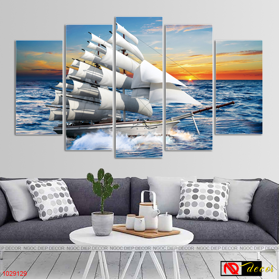 5 tấm tranh dán tường phòng khách phong cảnh thuyền buồm -Trang décor phong cách hiện đại