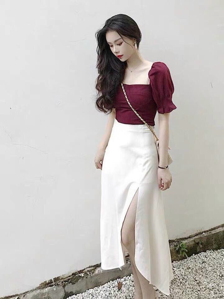 Set váy tiểu thư hàn quốc siêu sang chảnh áo cổ vuông tay bồng, váy trắng xẻ tà