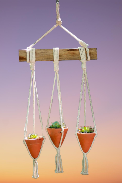 Combo 3 chậu treo gốm đất nung hình Ú 9cm và Dây Macrame 30cm