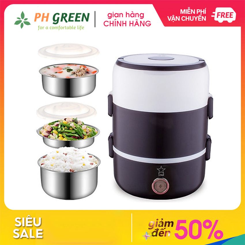 Hộp Cơm Giữ Nhiệt 3 Tầng Star Hot Lunch Box Cao Cấp, Dung Tích 2L , Chất Liệu Inox, Tiện Dụng Nấu Cơm, Hấp Đồ Ăn, Hộp Cơm 3 Tầng Cắm Điện Văn Phòng Kiểu Dáng Đẹp, Giữ Nhiệt,Chống Tràn Cực Tốt