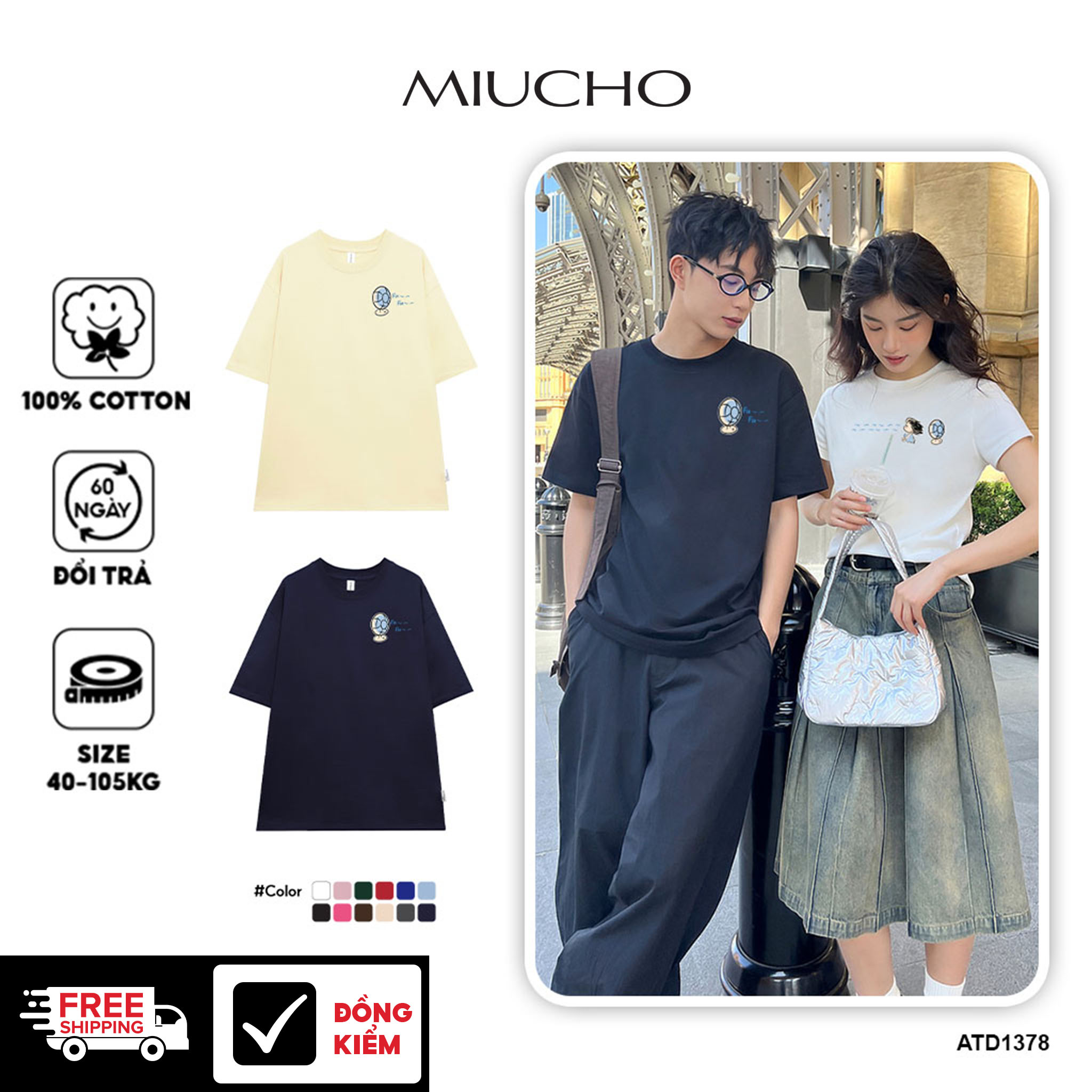 Áo thun cặp đôi couple from rộng ATD1378 Miucho vải cotton thoáng mát cổ tròn in mix