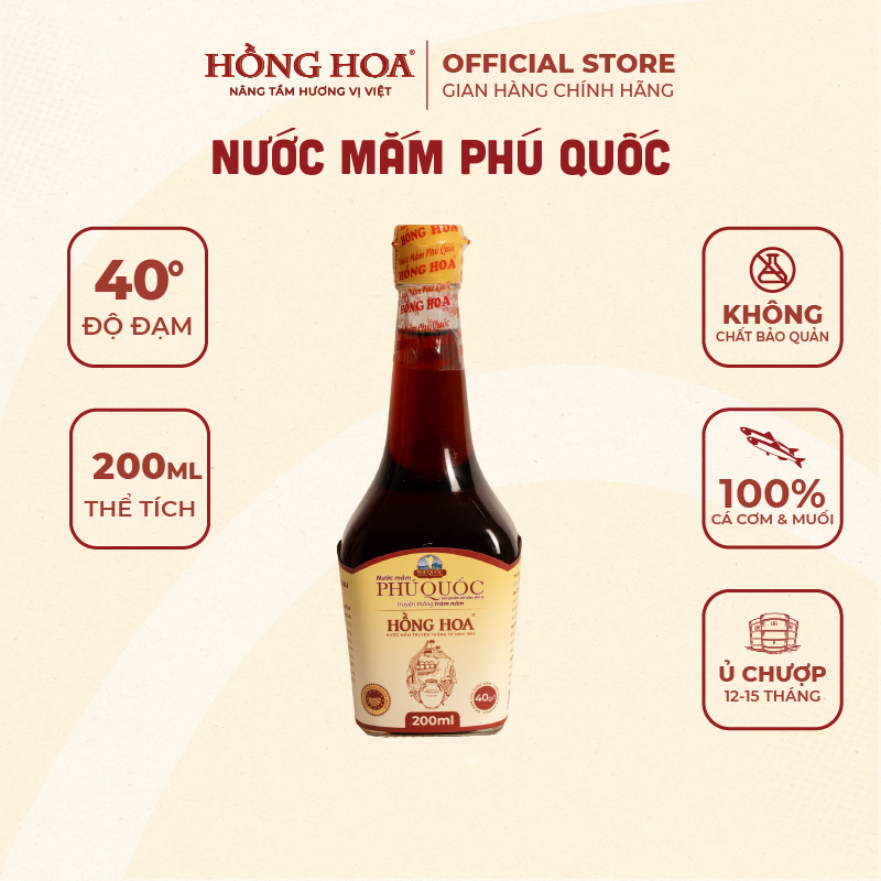 Nước mắm phú quốc hồng hoa 40 độ đạm 200ml, nước mắm nhĩ cá cơm truyền thống