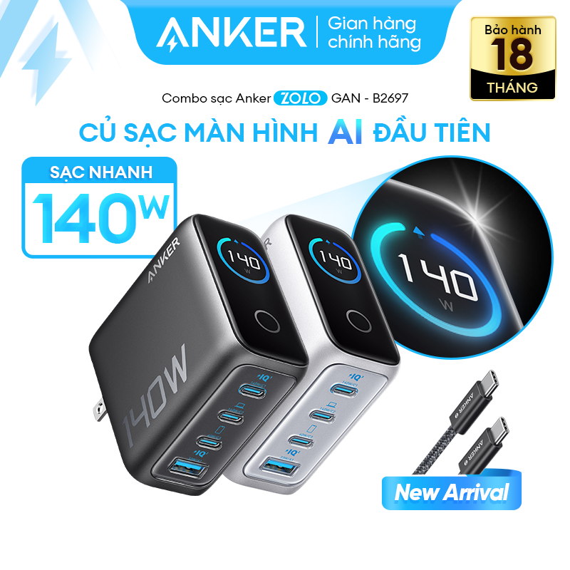 Bộ sạc nhanh Anker Zolo 140W (4 cổng, GaN) sạc được cho laptop - 3 USB-C PD & 1 USB-A sạc 4 thiết bị