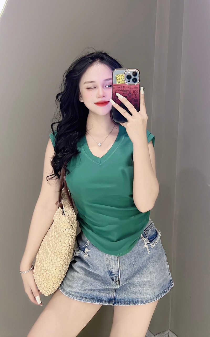 Áo thun ôm Nữ Cổ Tim Tay tay hến nhún eo