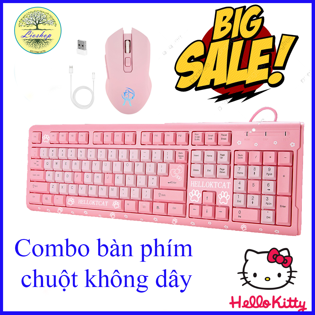 Bàn phím giả cơ Hello Kitty,Bàn phím Chuột gaming không dây,Bàn Phím Hello Kitty và Chuột không dây HMW-05, Bàn phím máy tính và chuột, Bộ bàn phím chuột gaming, Bàn phím cho nữ đẹp,Chuột bàn phím,BẢO HÀNH 6 THÁNG