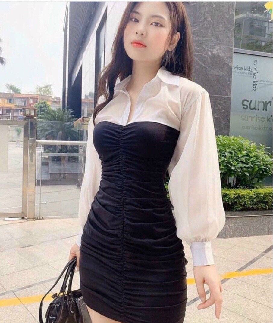 Váy Đầm Sexy Tay Dài Họa Tiết Cột Nơ Ngực Chất Liệu Mềm Mịn Co Giãn Thoải Mái Phối  Màu Sắc Dạo Phố Siêu Xinh Main