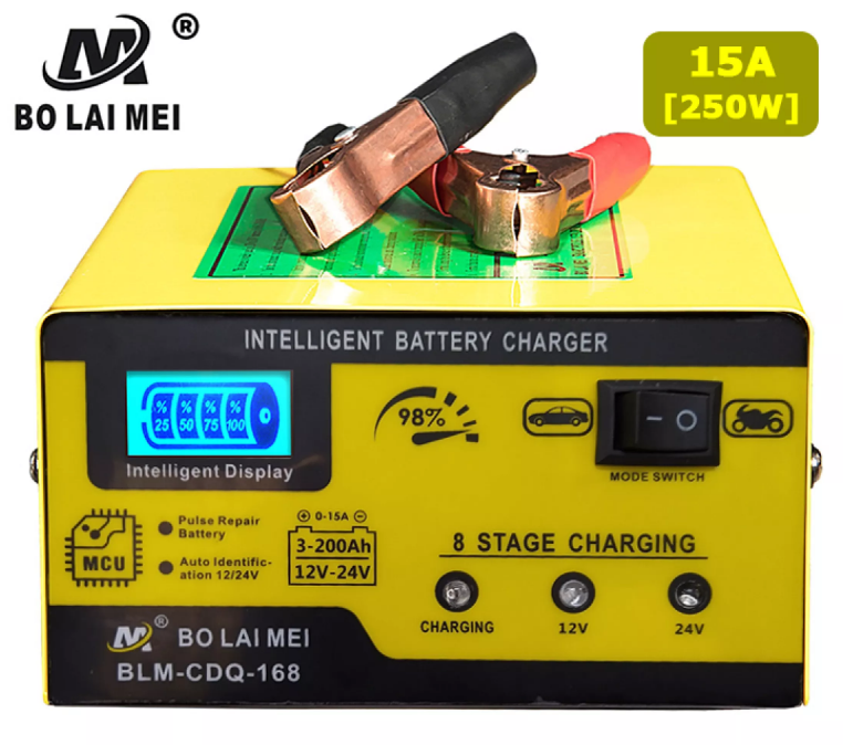 Bộ sạc ắc quy 12v/24v 3AH - 200ah BT-168 máy sạc bình xe máy ôtô xe tải thông minh tự động ngắt khi đầy