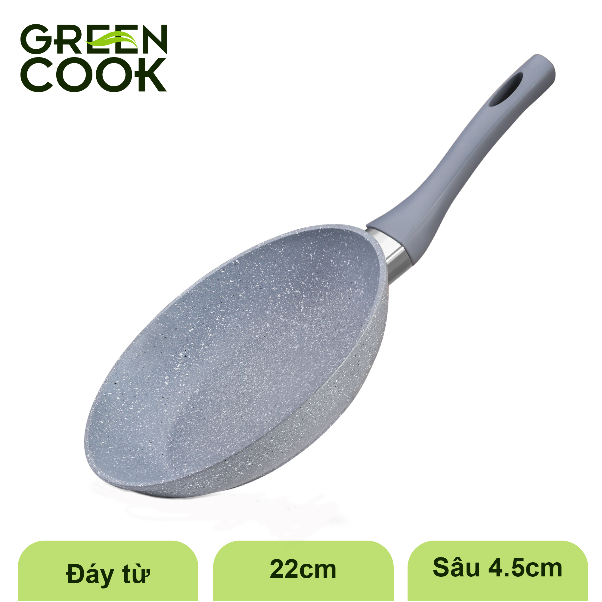 Chảo đáy từ vân đá chống dính GREEN COOK 24 -26 - 28 cm tay cầm chịu nhiệt - Hàng chính hãng greencook