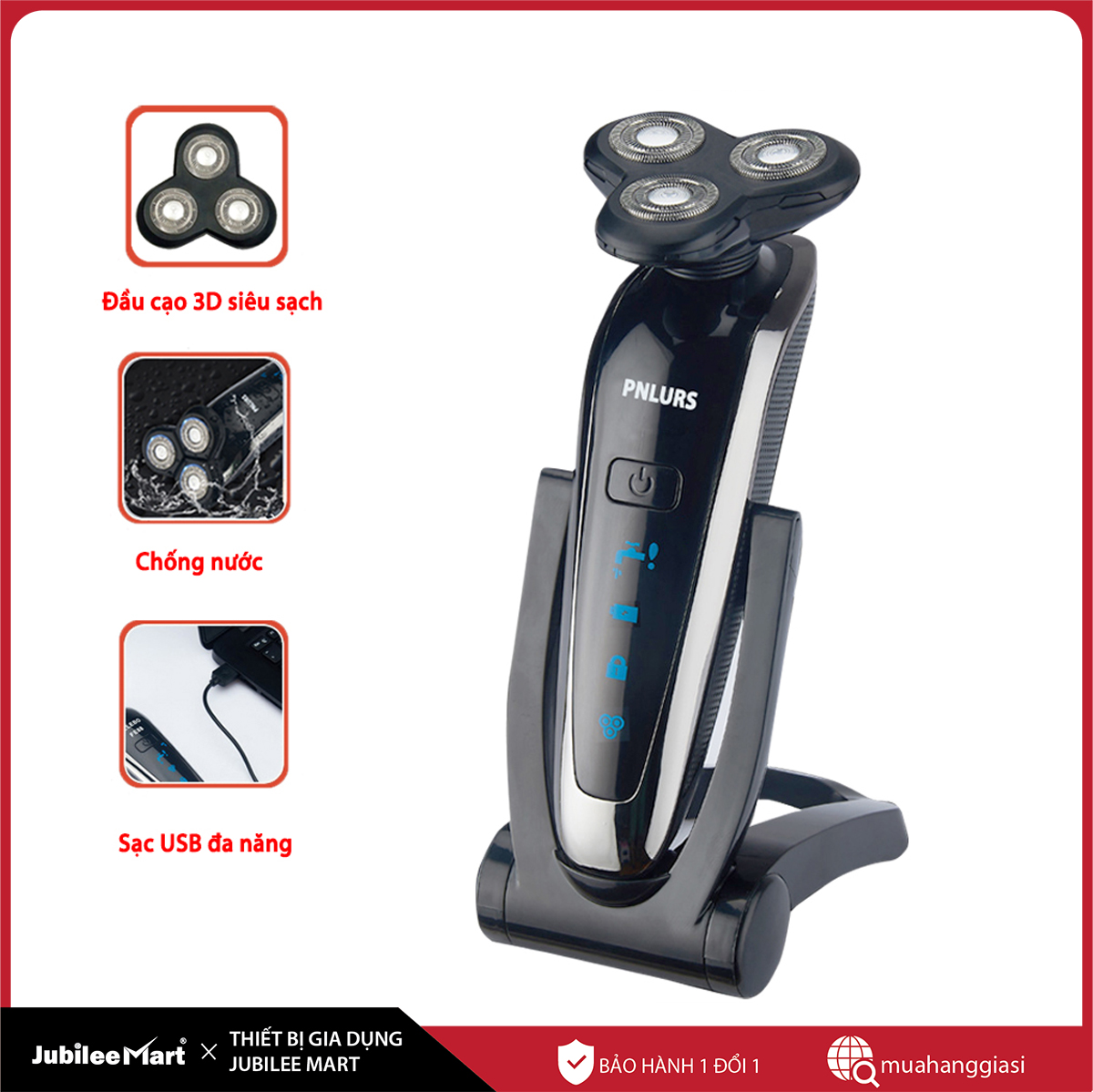 [MIỄN PHÍ VẬN CHUYỂN] Máy Cạo Râu Điện Cho Nam PNLURS 3D Ba Lưỡi Nổi Đầu Máy Cạo Râu Chống Nước IPX7, Cạo Ướt Và Khô Máy Cạo Râu Mặt Sạc Được Cổng USB - BẢO HÀNH 1 ĐỔI 1