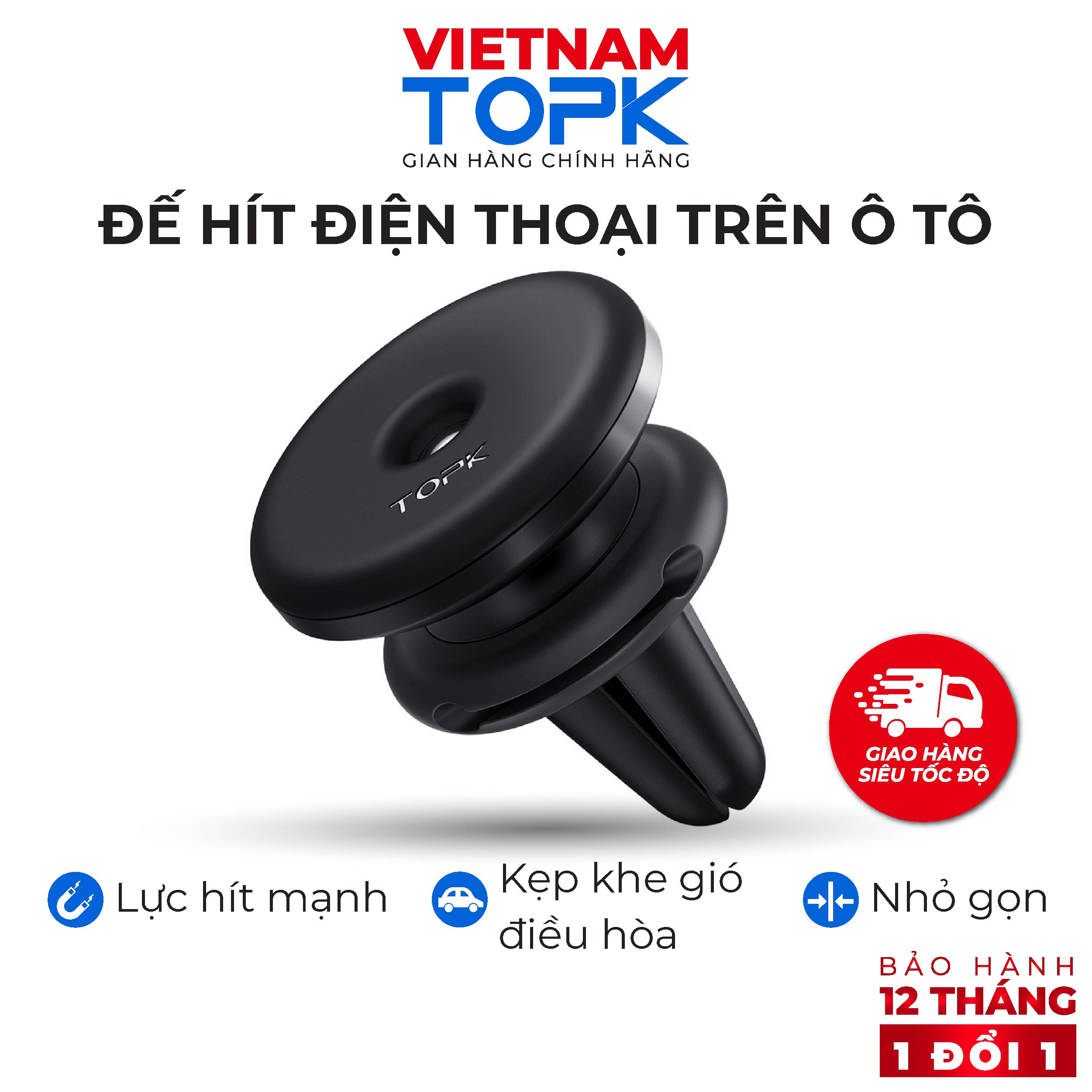 Đế hít điện thoại nam châm trên ô tô TOPK D30B - Kẹp khe gió điều hòa, lực hít mạnh chống rung lắc - Hàng chính hãng