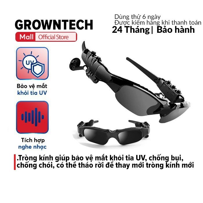 Tai Nghe Bluetooth Sport Dạng Mắt kính  GROWNTECH - V4.1, Mắt kính thông minh kết nối blutooth với điện thoại tiện lợi chống tia UV, khói bụi đi đường