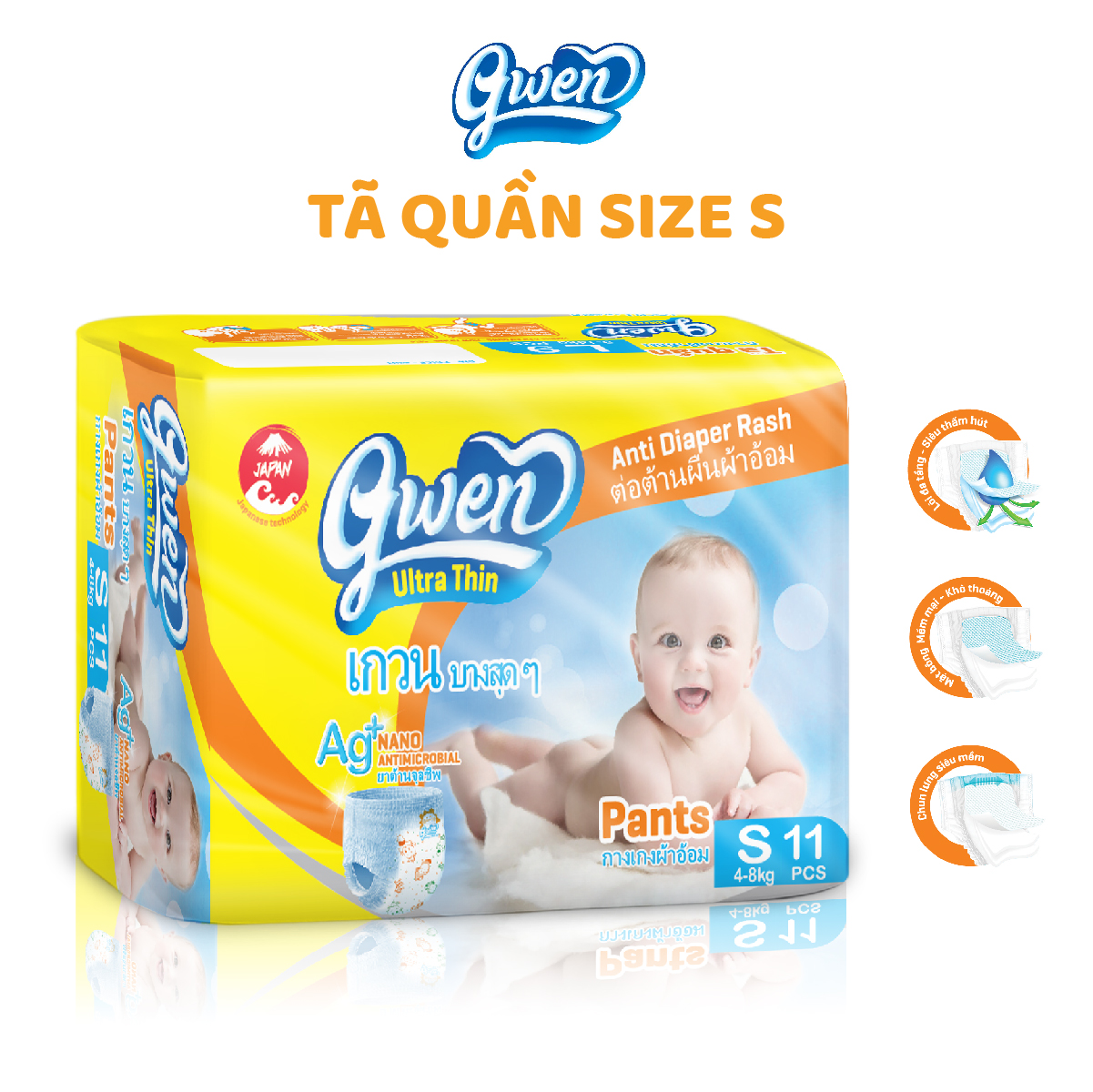 Tã quần GWEN size S 11 miếng tả quần siêu thấm khô thoáng chống hăm khử mùi bỉm quần size S dành cho bé từ 4kg đến 8kg