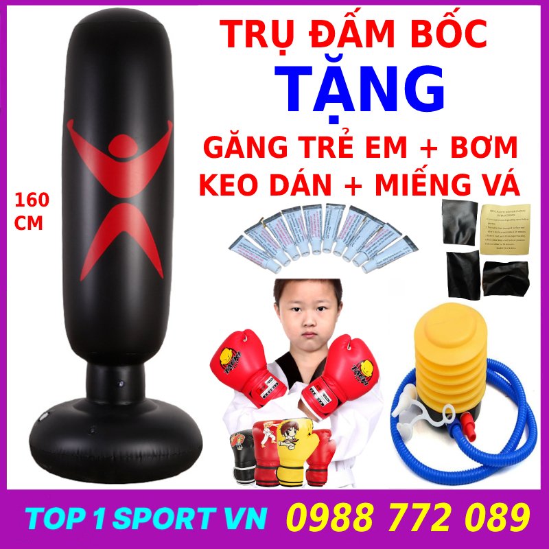 Bao Cát Đấm Bốc Boxing - Trụ Đấm Bốc Boxing Bơm Hơi Tặng găng tay boxing cho bé - Bao Trụ Nhân Đấm Bốc Thế Hệ Mới Phiên Bản 5.0 – PRO-X - Cao 1m6, đường kính 33 cm - Tặng bơm + keo + miếng vá