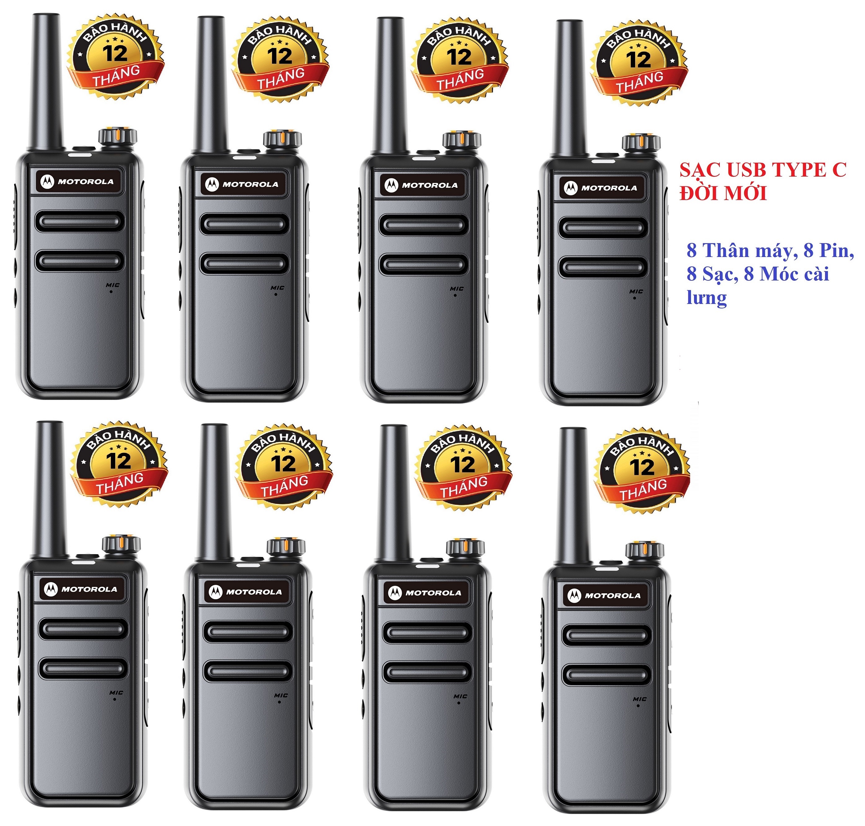 Bộ 8 bộ đàm motorola gp568 (loa to,chống từ tính, pin sử dụng trên 15 tiếng, sạc usb type c đời mới, cự ly liên lạc xa)