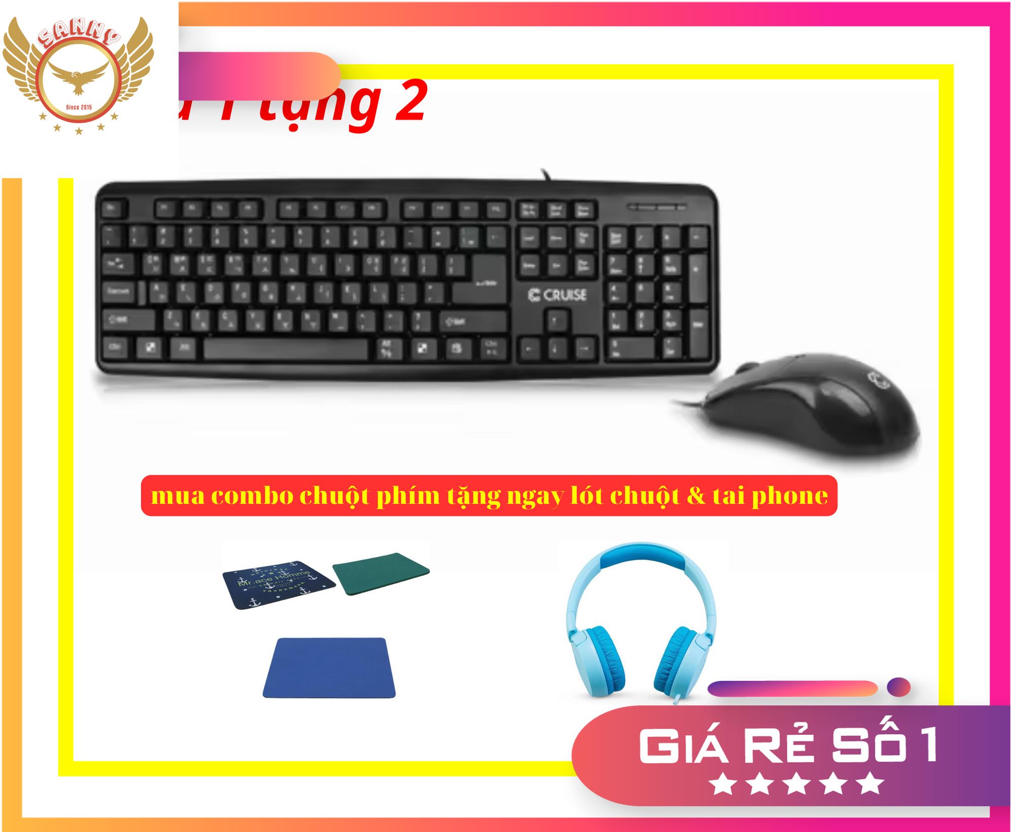 Combo 3 món Chuột và bàn phím CRUISE AMK-100 tặng kèm tai nghe có mic màu xanh và lót chuột hình game ngẫu nhiên (Shop cực rẻ Sanny)