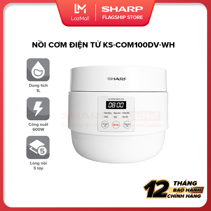 Nồi Cơm Điện Sharp KS-COM100DV-WH 1.0L [Nồi Cơm Loại Tốt Bền, Đa Năng, Công Suất 600W, Chống Dính] - Hàng Chính Hãng Uy Tín Bảo Hành 12 Tháng