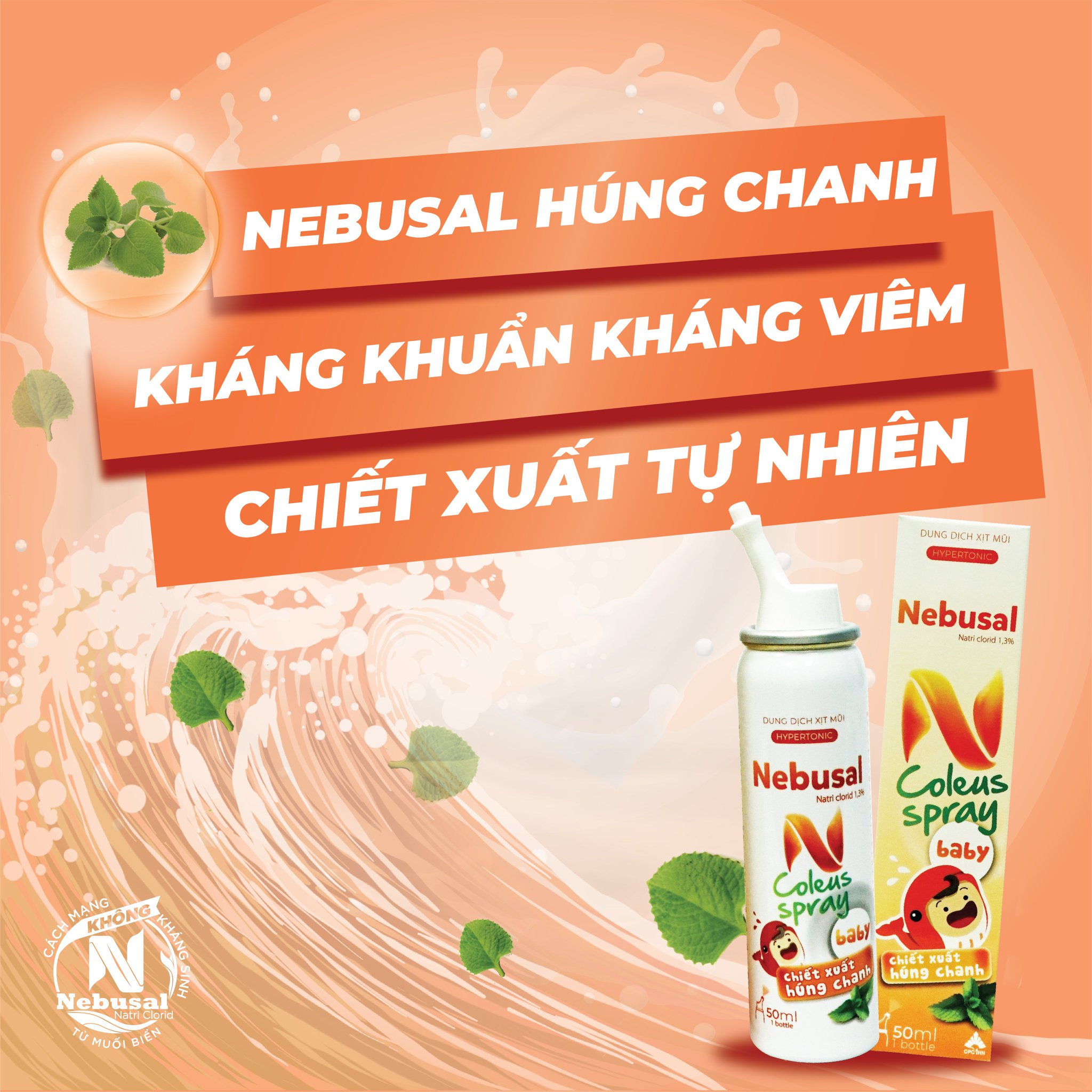 Xịt rửa mũi nebusal spray húng chanh - giảm nghẹt mũi và sổ mũi