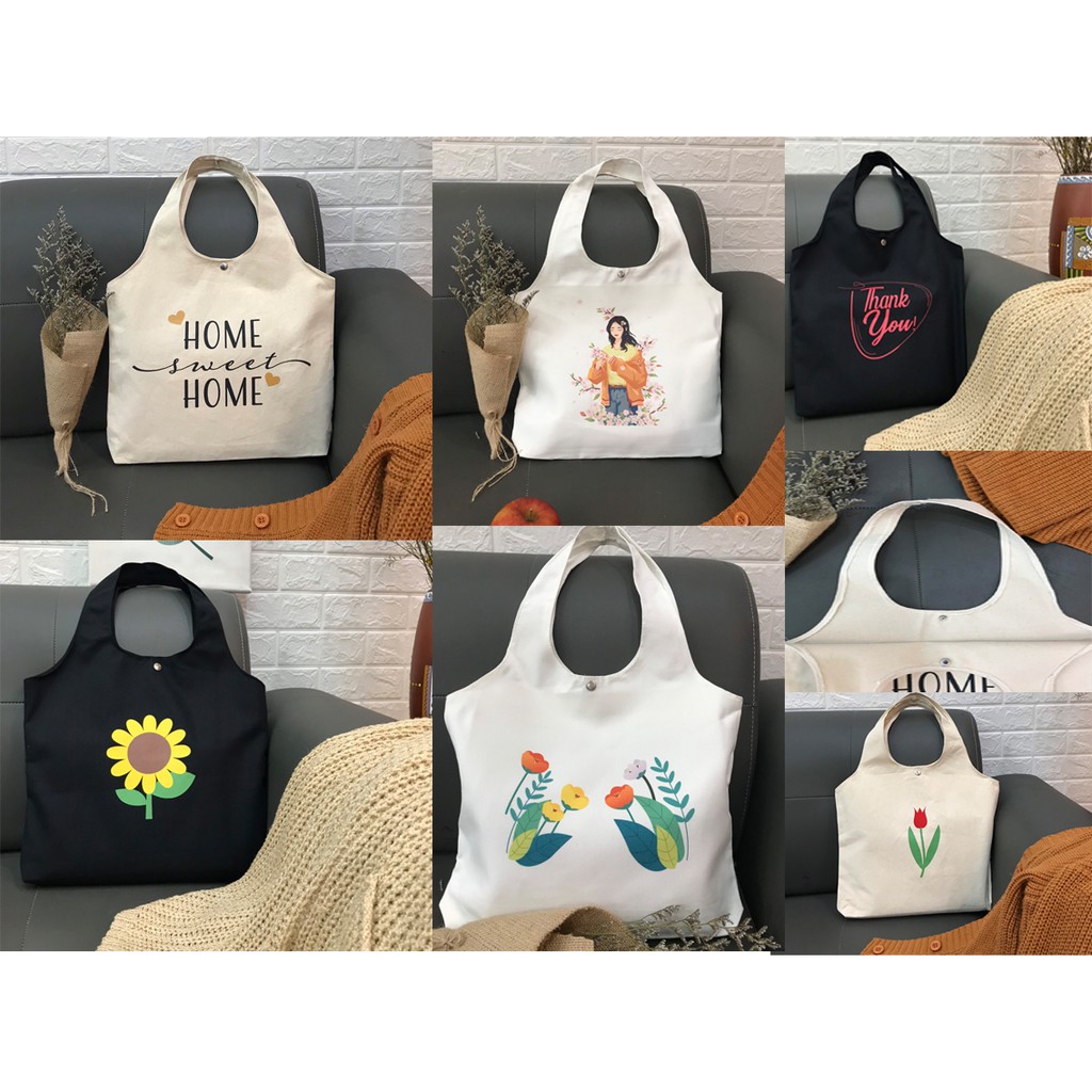 Túi vải canvas, túi tote quai tròn in họa tiết