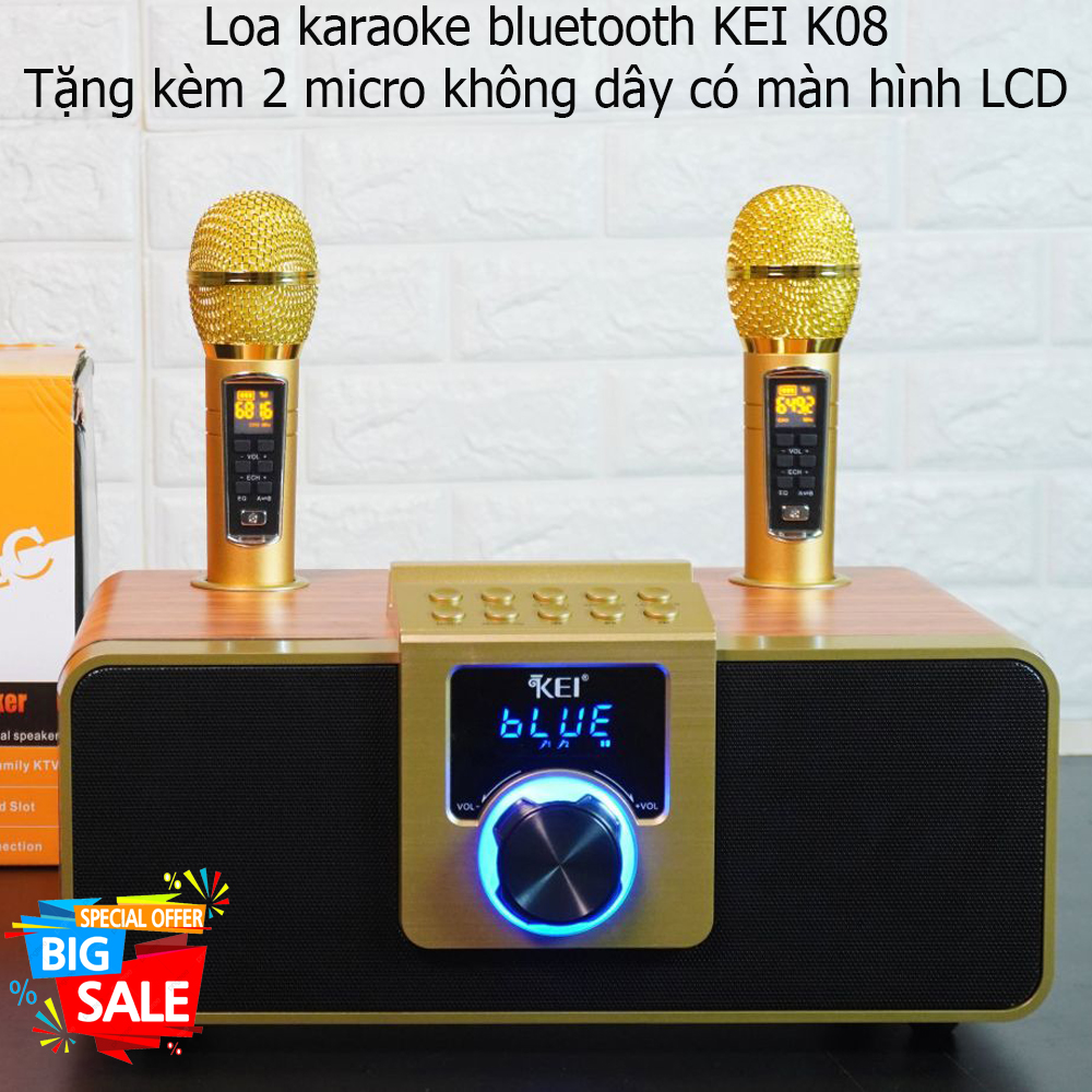 [ MẪU MỚI HÓT 2022 ] Loa karaoke bluetooth KEI K08 CAO CẤP, Tặng kèm 2 micro không dây có màn hình LCD, Sạc pin cho micro ngay trên loa, Chỉnh bass treble echo  trên micro, Đầy đủ cổng kết nối USB, AUX, TF card.