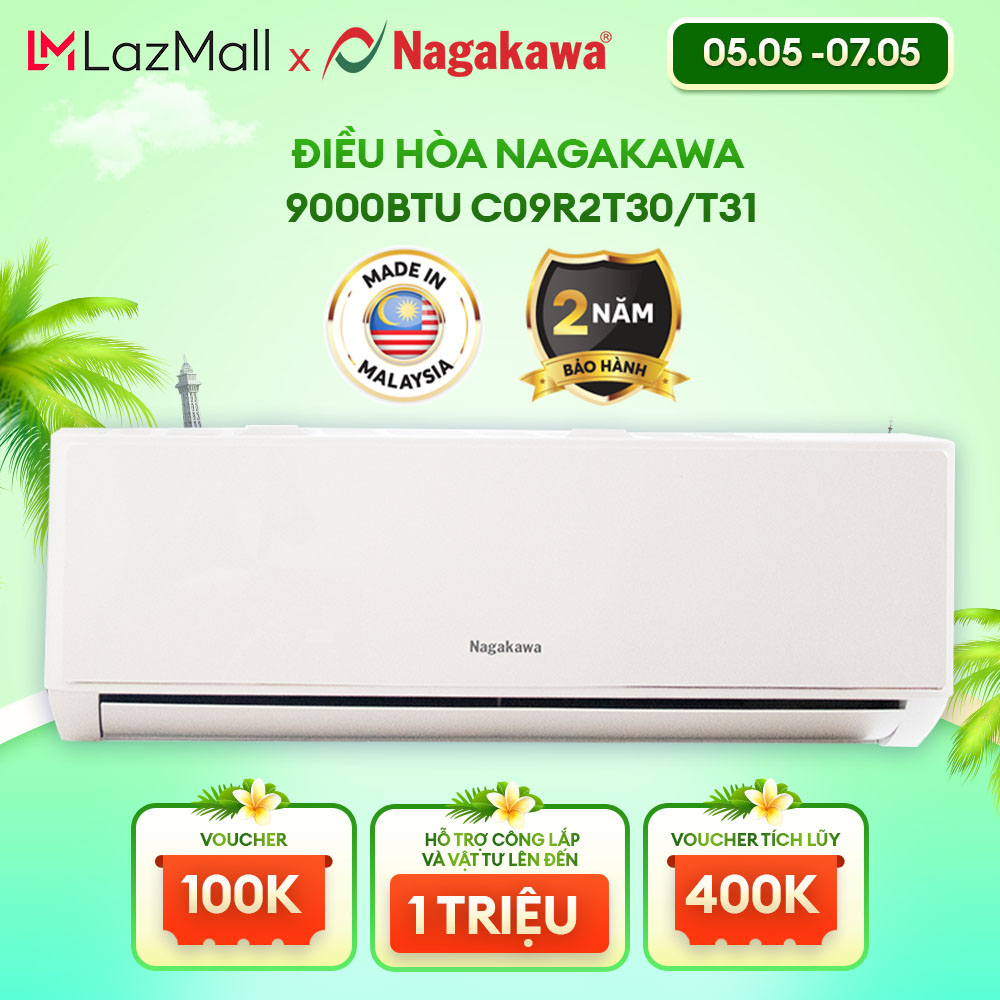 Điều hòa/ máy lạnh 1 chiều nagakawa 9000btu/h ns-c09r2t30 - made in malaysia - bảo hành 2 năm