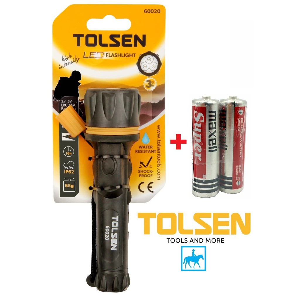 Đèn pin led chiếu xa 10m 65g chống nước ip62 chống sốc 12lumens tolsen 60020 tặng 2 pin aa