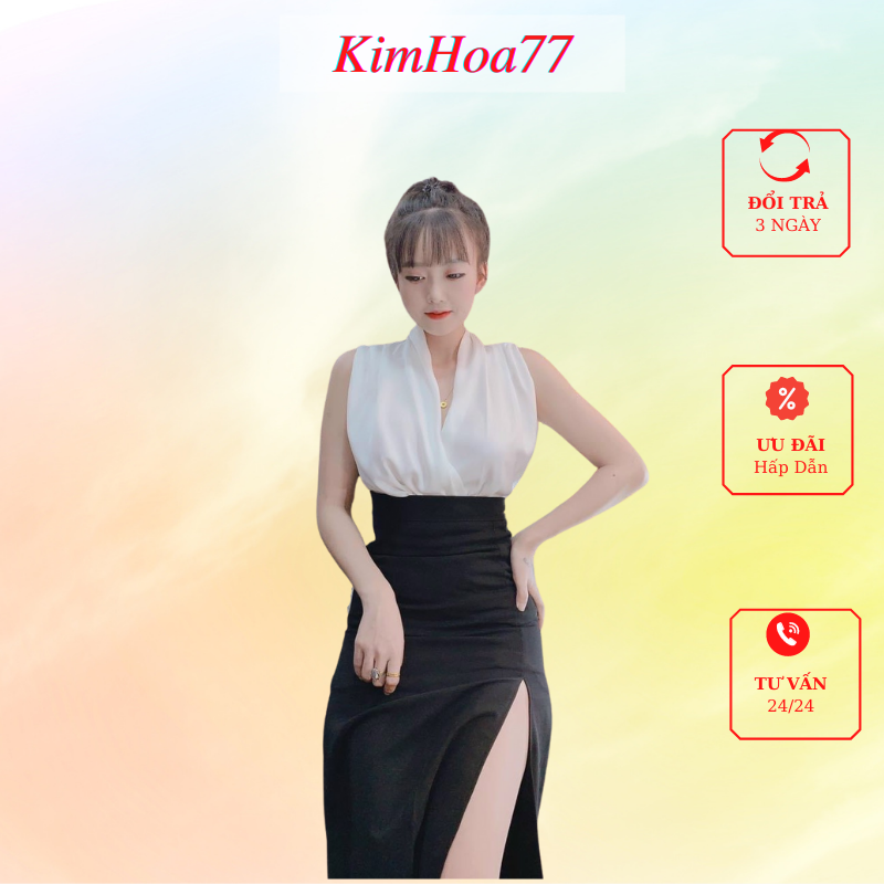 Sét áo chân váy đi dự tiệc freesize kimhoa77 gồm áo trắng 2 vạt chất lụa và chân váy xẻ tà chất umi