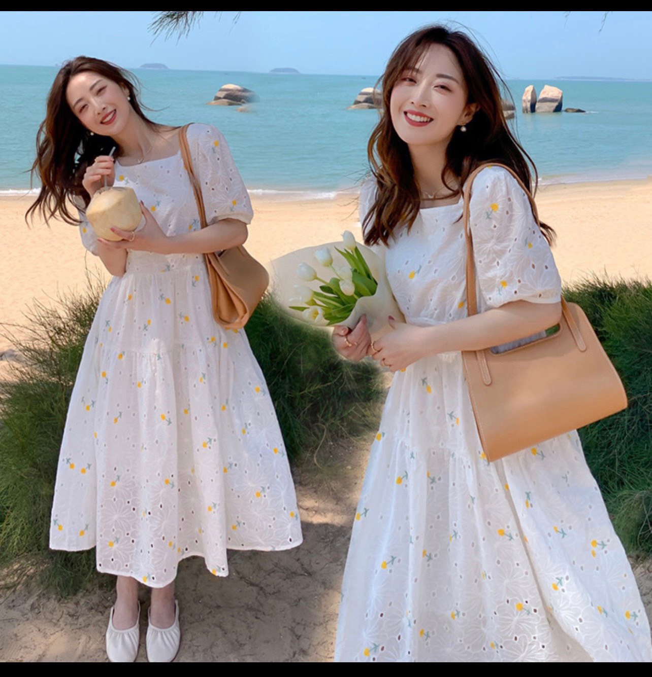 Đầm xô trắng thêu hoa tay phồng 💖 kèm ảnh thật