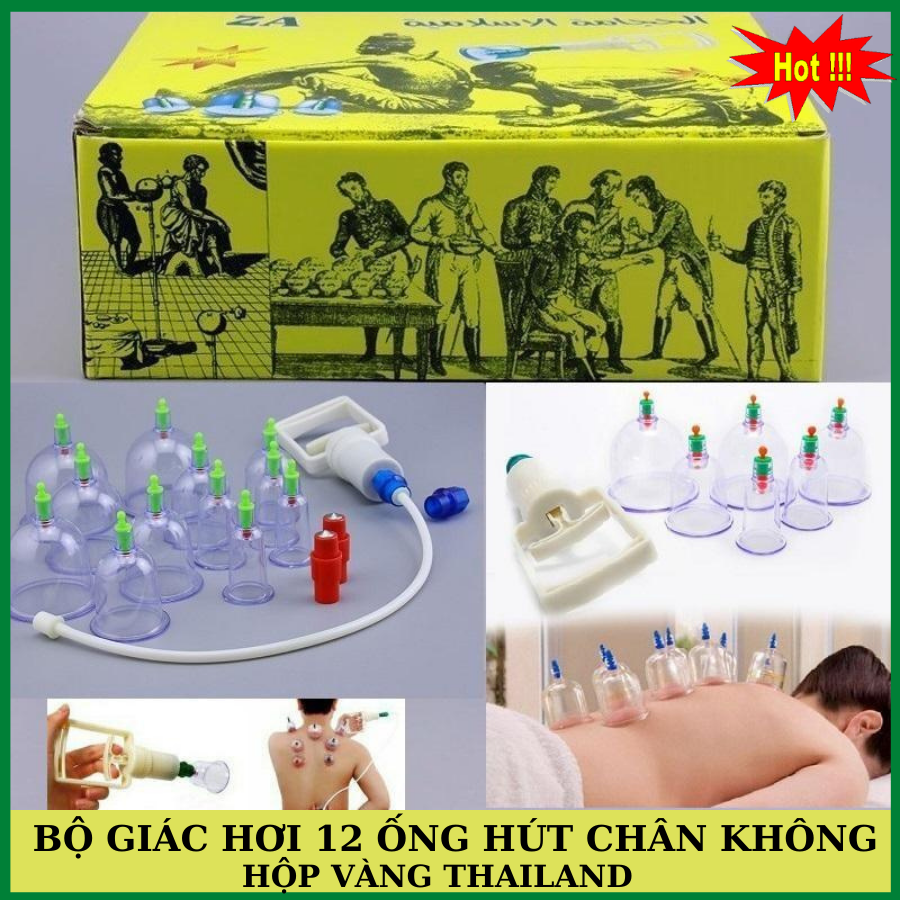 [🔥HOT🔥] Bộ Dụng Cụ Giác Hơi 12 Ống Chân Không - Không Dùng Lửa, An Toàn Sức Khỏe - Hộp Vàng Thailand - Bộ giác hơi không cần lửa 12 ly kèm 1 ống bơm chuyên dụng Poly -  Lưu Thông Khí Huyết, Chăm Sóc Sức Khỏe An Toàn Tại Nhà