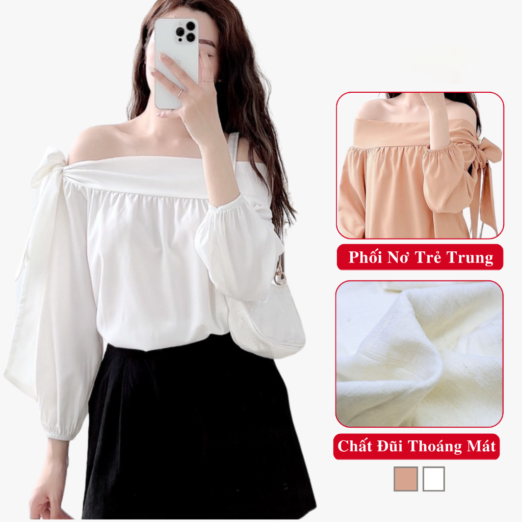 Áo kiểu trễ vai nữ buộc nơ MADELA phong cách hàn quốc, áo babydoll phối nơ lệch vai tay lỡ