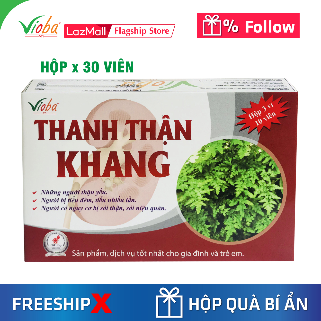 Viên uống bổ thận, tăng cường chức năng lọc của thận. Giảm tiểu đêm, tiểu nhiều lần, tiểu buốt, tiểu rắt. Hỗ trợ thải cặn thận, giảm nguy cơ hình thành sỏi thận. Thanh Thận Khang của Vioba, hộp 30 viên.