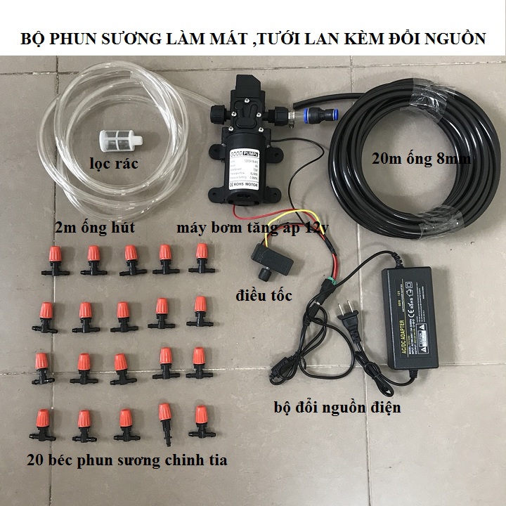 bộ bơm phun sương mini 12v - 6-8-10-12-16-18-20 béc | bộ máy bơm phun sương | bộ máy bơm áp lực phun sương | bộ máy bơm tưới lan,tưới cây | béc phun sương | bom phun sương làm mát | bơm phun sương tăng áp 12v
