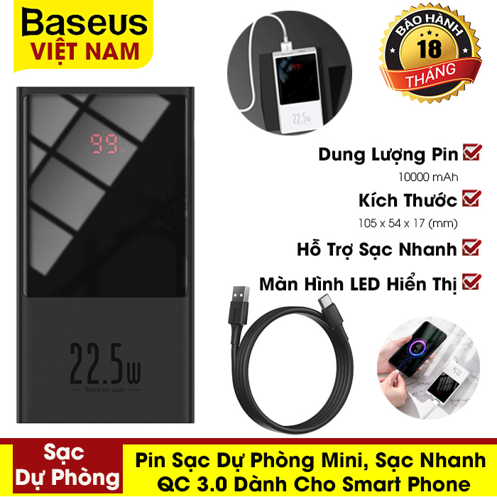 [BẢO HÀNH 18 THÁNG] Pin sạc dự phòng Baseus 22.5W Power Bank 10000MAh USB C PD  có đèn LED màn hình hiển thị thông số, sạc nhanh QC3.0