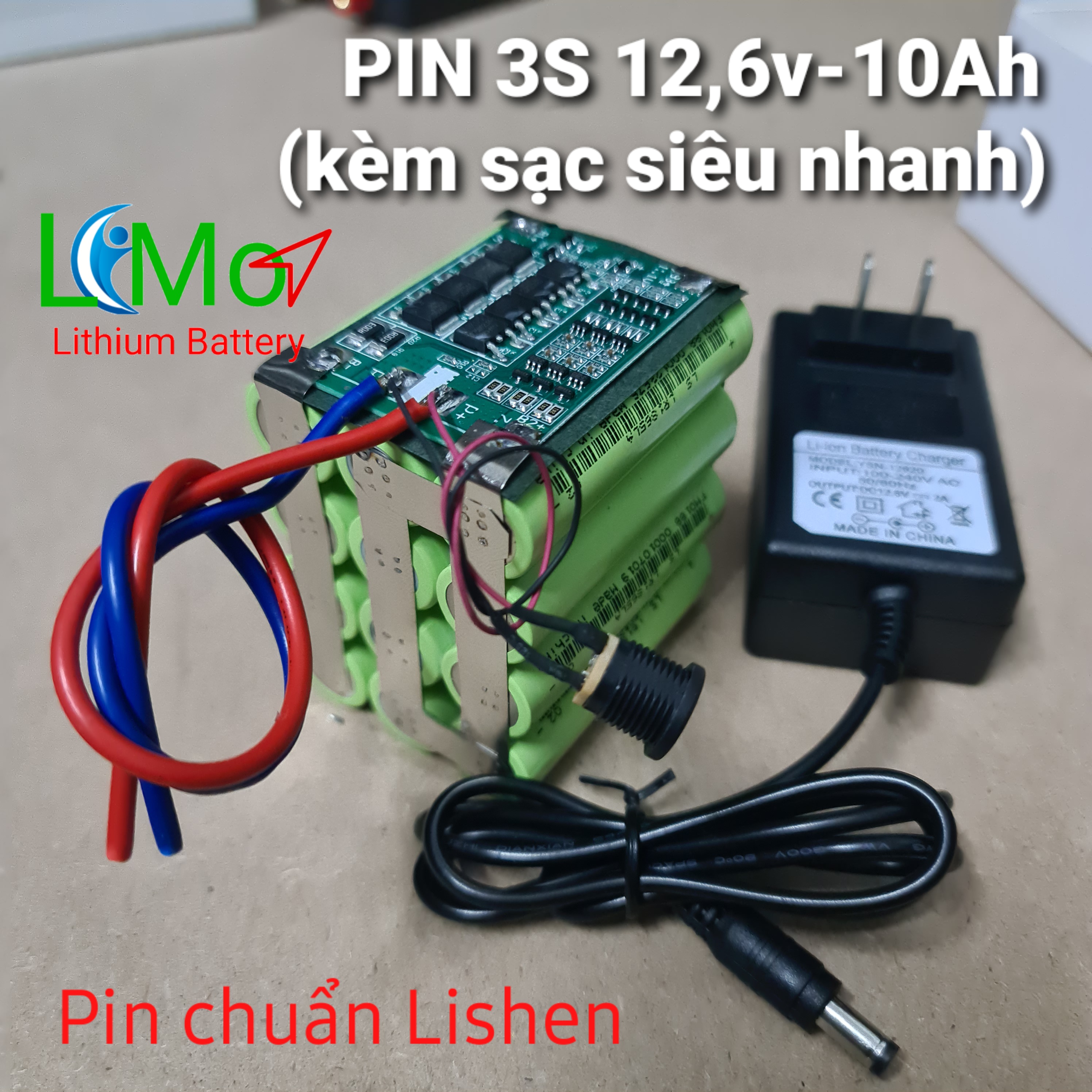 Khối pin 3S 12,6v - 10Ah (Hàng loại 1, chuẩn dung lượng). Tặng kèm sạc siêu nhanh Lithium 12,6v. Gồm 12 viên Pin sạc Lishen 2600mAh nối 3S + Mạch bảo vệ SẠC XẢ 3s 40A + sạc pin SIÊU NHANH lithium 3S - LiMo