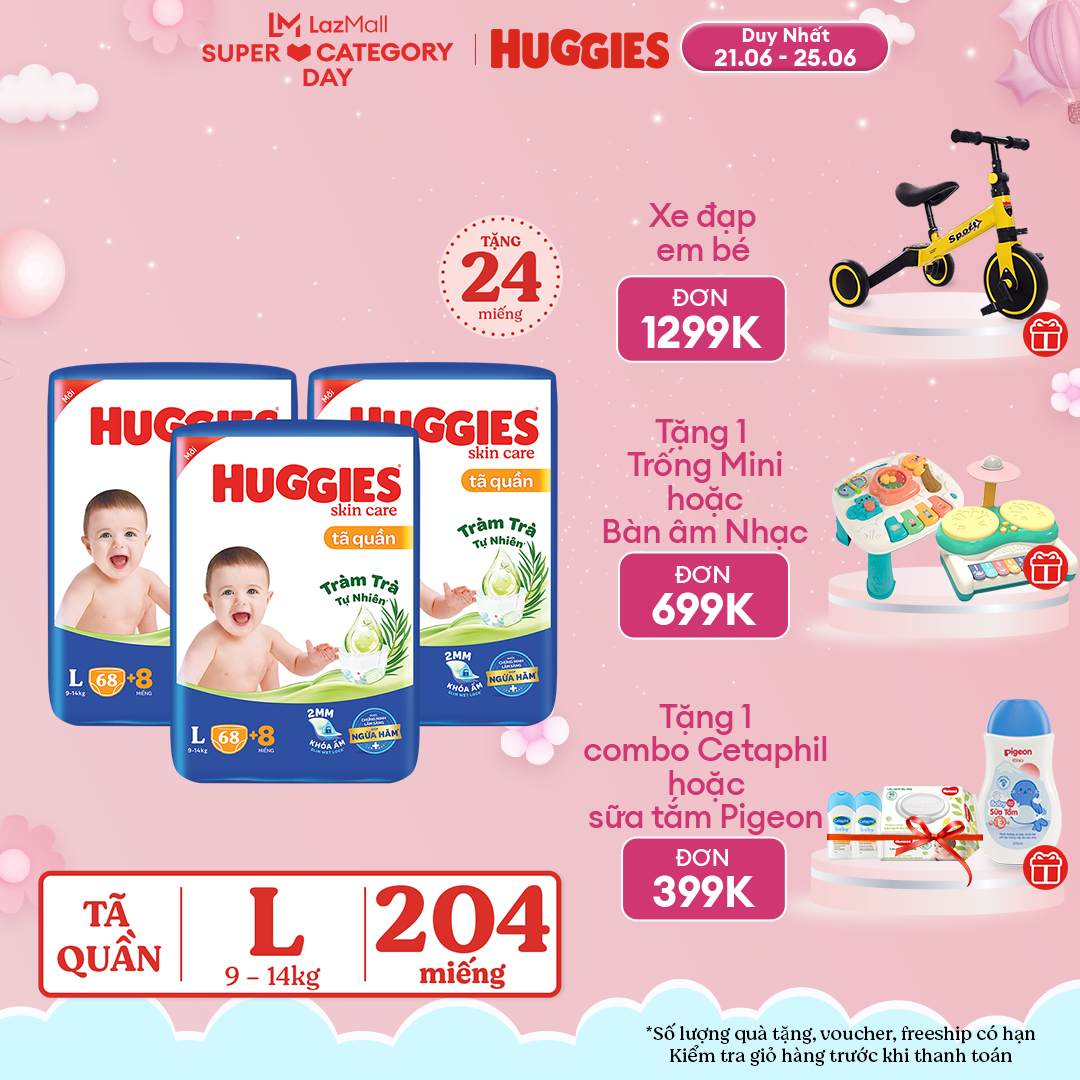 [CHỈ 21.6-24.6 QUÀ TẶNG ĐH 399K] [Tặng 24 miếng] Combo 3 gói tã quần HUGGIES SKINCARE SUPER JUMBO L68 (9 - 14kg)  - Gói 68+8 miếng
