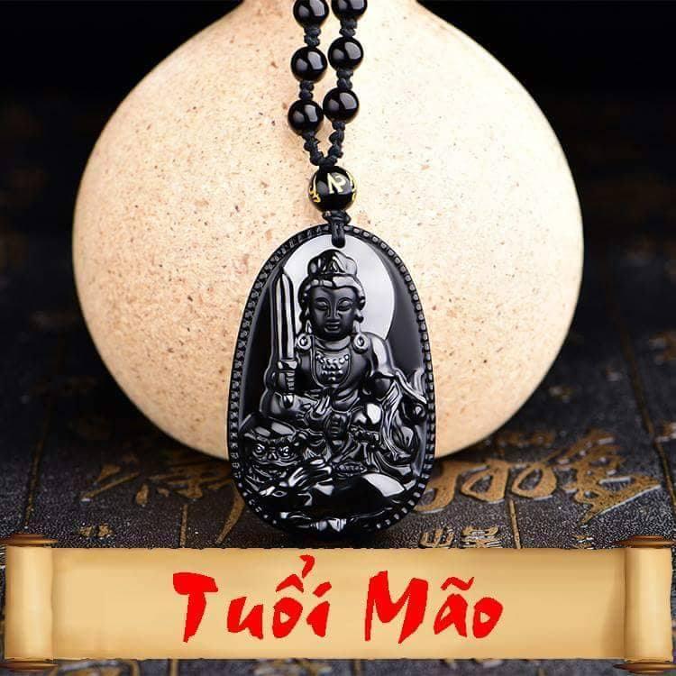 Dây chuyền/ Vòng cổ/ Chuỗi hạt đeo cổ Phật bản mệnh cao cao cấp - Phật Văn Thù Bồ Tát, Độ Mệnh Cho Tuổi Mão - Đá đá obsidian đen