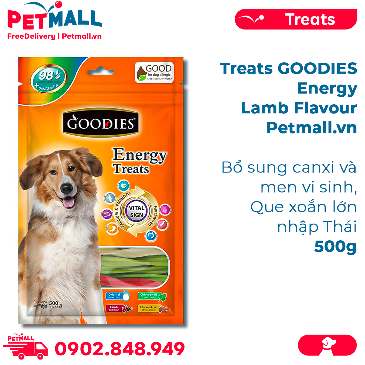 Treats GOODIES Energy Lamb Flavour 500G - Bổ sung canxi và men vi sinh, que xoắn lớn nhập Thái Petmall