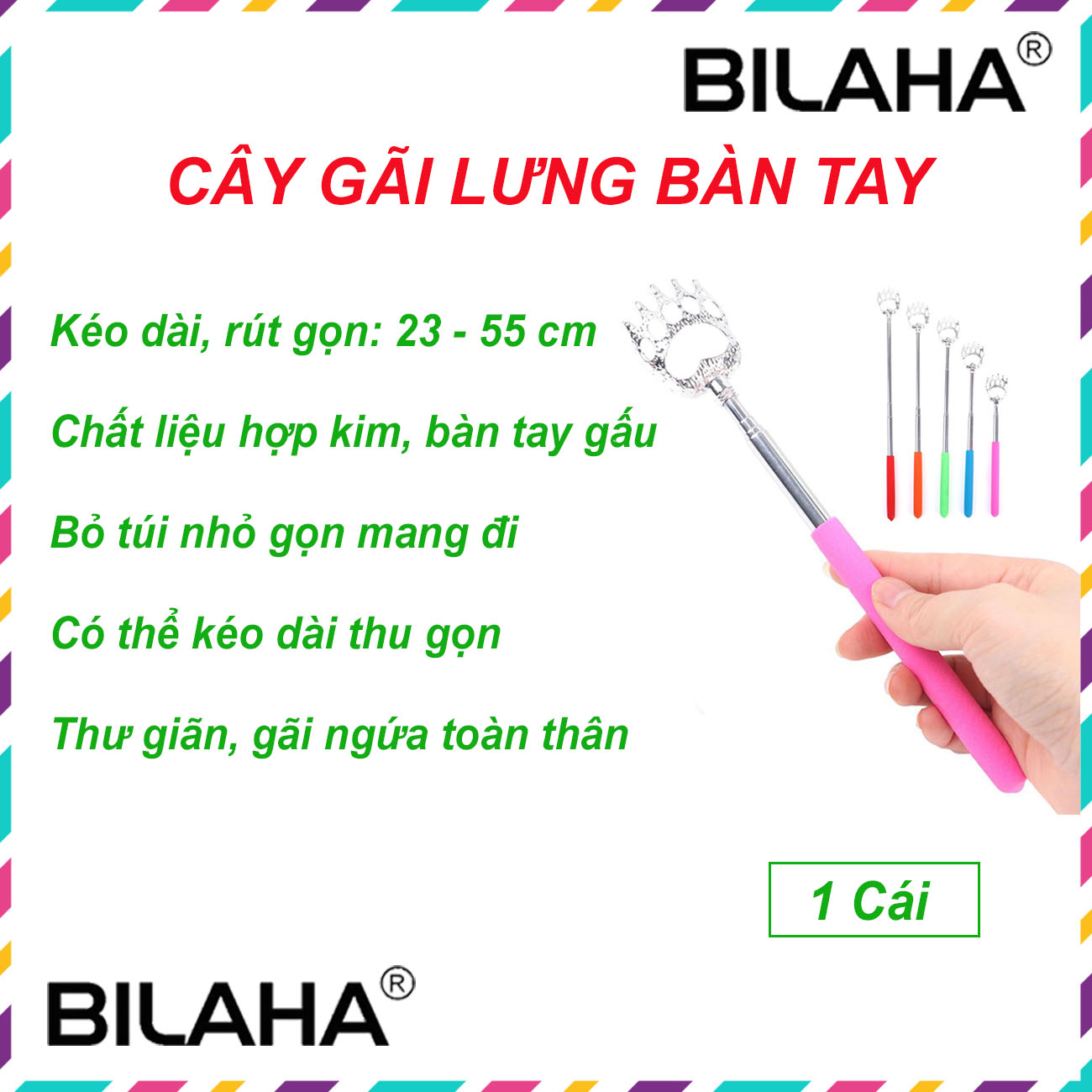 Cây gãi đấm lưng hình gấu chắc chắn, tay cầm bọc silicon chống trơn trượt có thể kéo dài bỏ túi, đầu khui bia