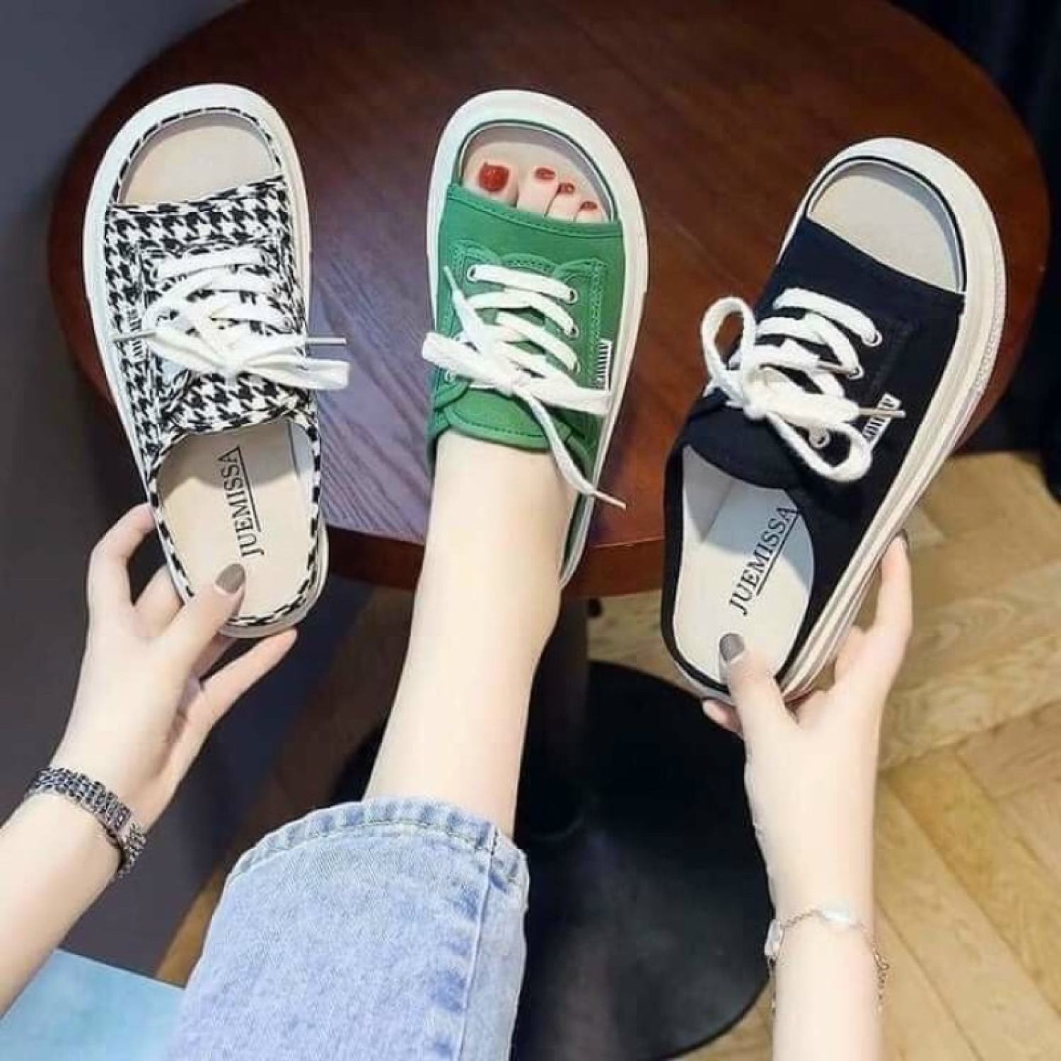 Sục vải nữ hở mũi buộc dây Cao Cấp - dép quai ngang nữ vải canvas giá rẻ