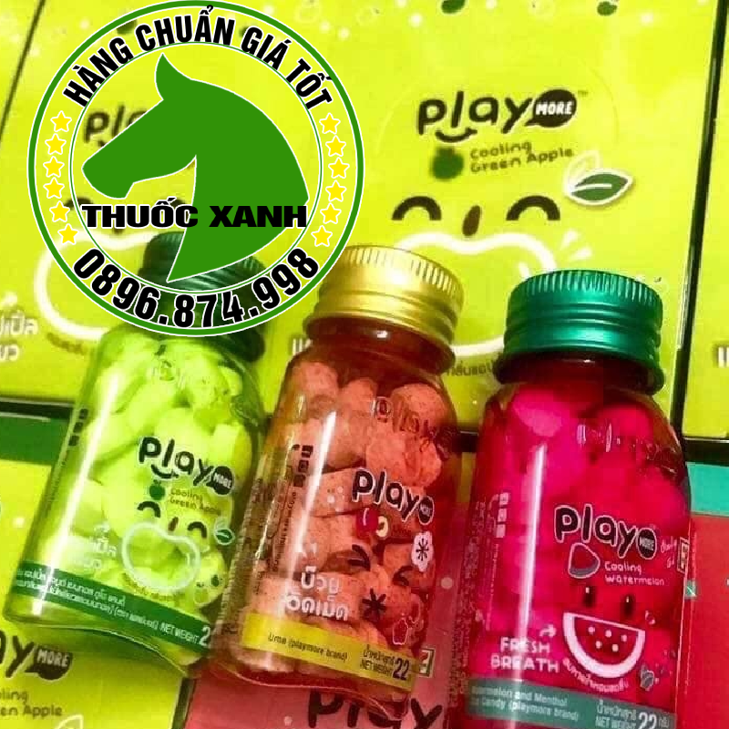 3 hộp kẹo Play more vị xí muội, dưa hấu, táo xanh Thái lan