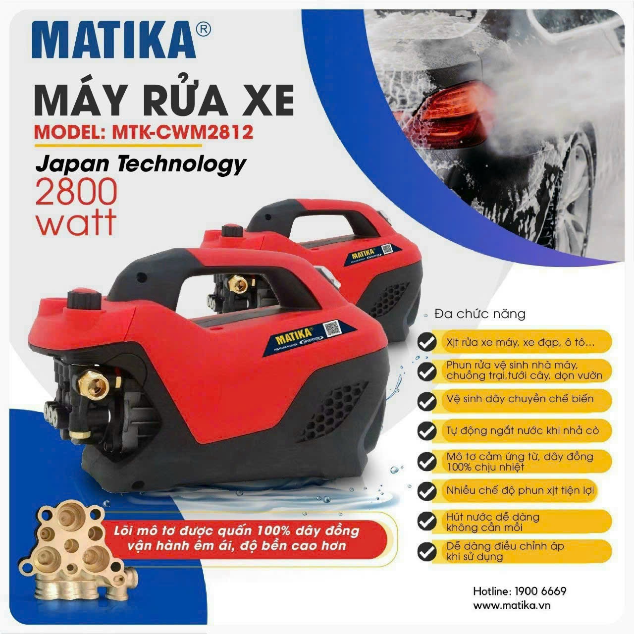 Máy Rửa Xe Công Nghiệp Nhật Bản Máy Rửa Xe MATIKA MTKCWM2812 Công Suất 2800w Áp Lực Nước 80 200bar Lưu Lượng Nước 7 Lít/ Phút Sản Phẩm Đa Chức Năng Như Rửa Xe Xịt Sân Vườn Nhà Cửa Máy Móc Hay Phun Tưới Cây