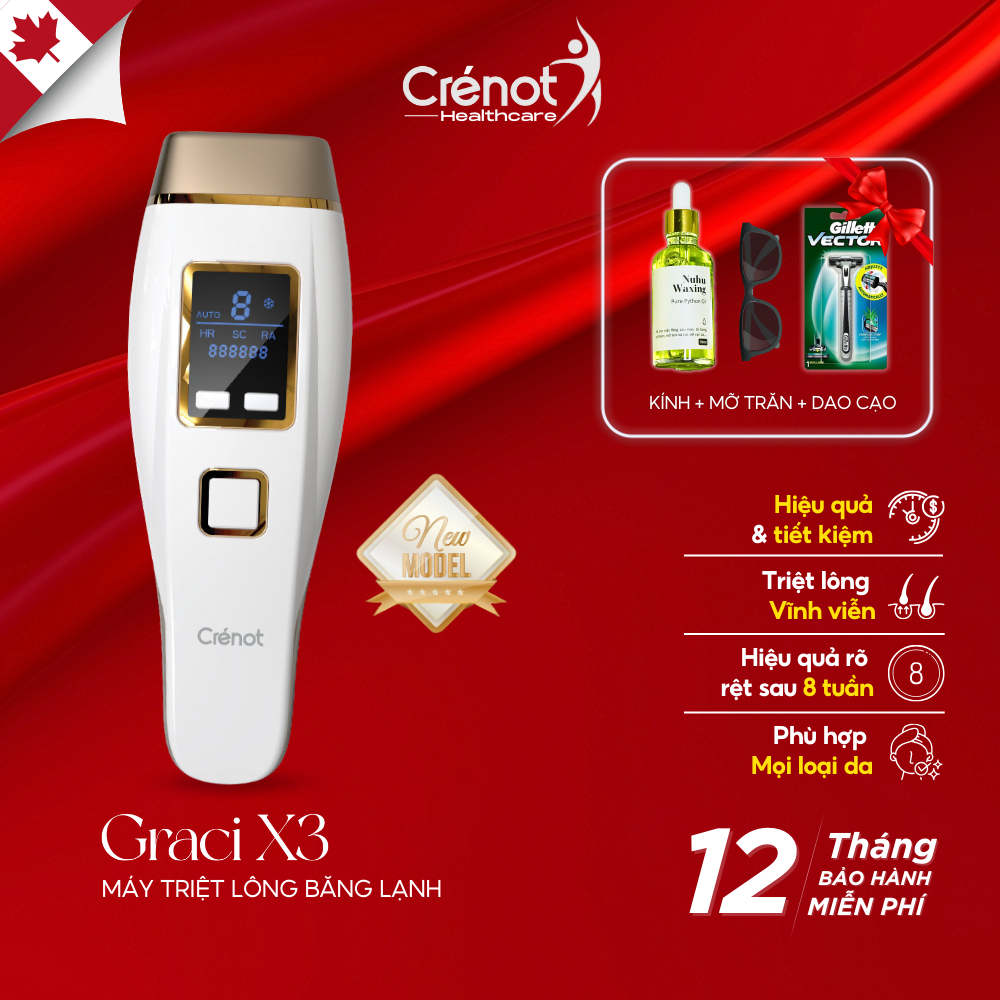Máy Triệt Lông Vĩnh Viễn Băng Lạnh Trẻ Hóa Da Mini Cầm Tay Tại Nhà Crenot Graci X3 Dành Cho Nách Vùng Kín Bikini Mặt Chân Toàn Thân Cá Nhân Giảm Mụn IPL Hair Removal Ice Cooling Compress