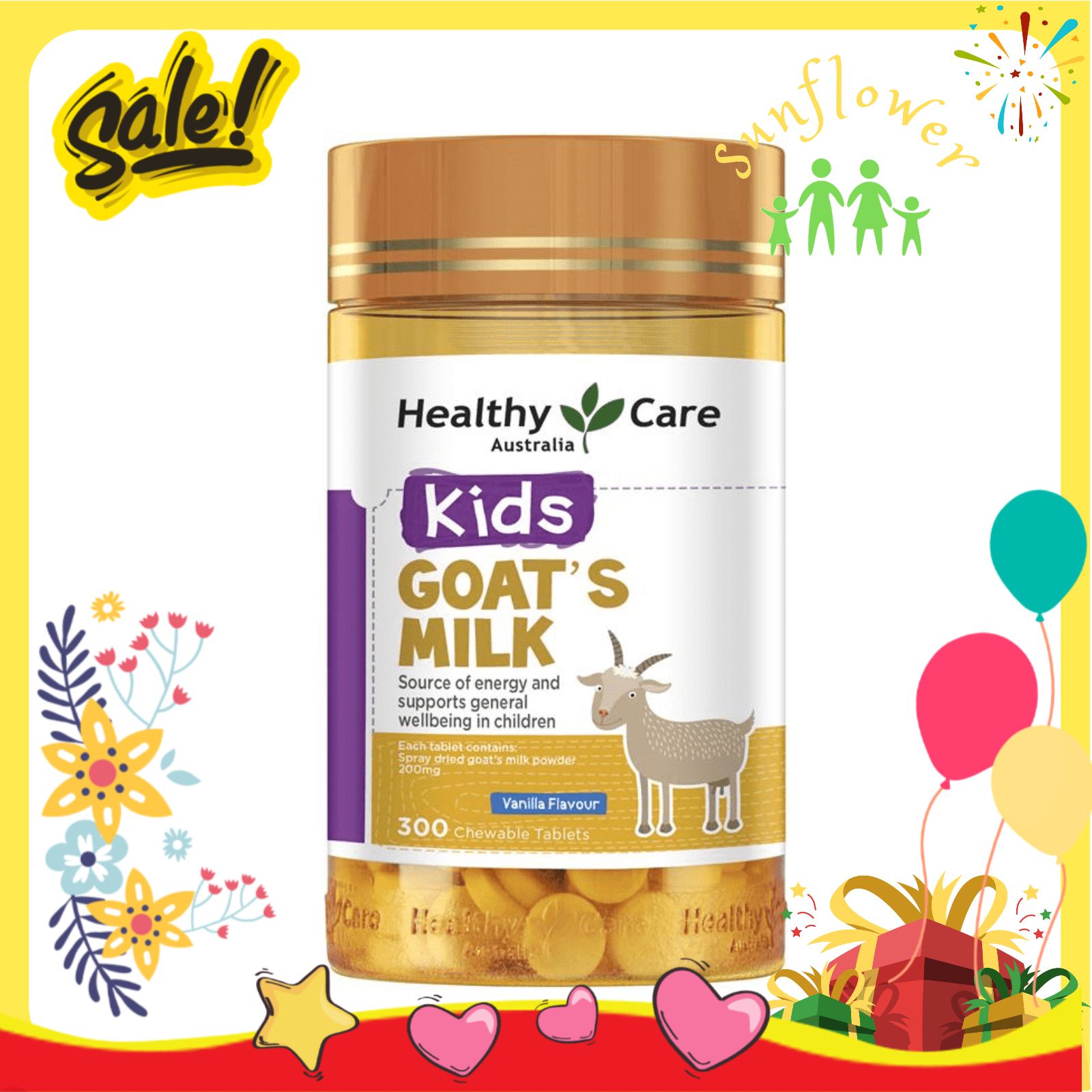 Kẹo sữa dê Healthy Care Goat's Milk 300 viên (lọ) bổ sung dinh dưỡng cho bé của Úc