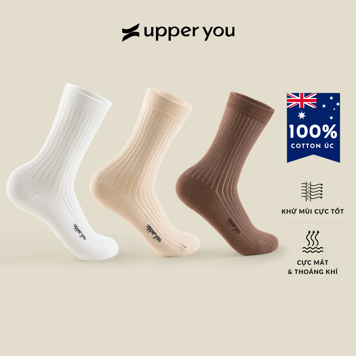 Tất Vớ Nữ Trơn Cao Cấp Cổ Cao UPPER YOU Cotton Úc Signature Không Đường May Mềm Mại Êm Ái Thoáng Khí Khử Mùi - SNF4001