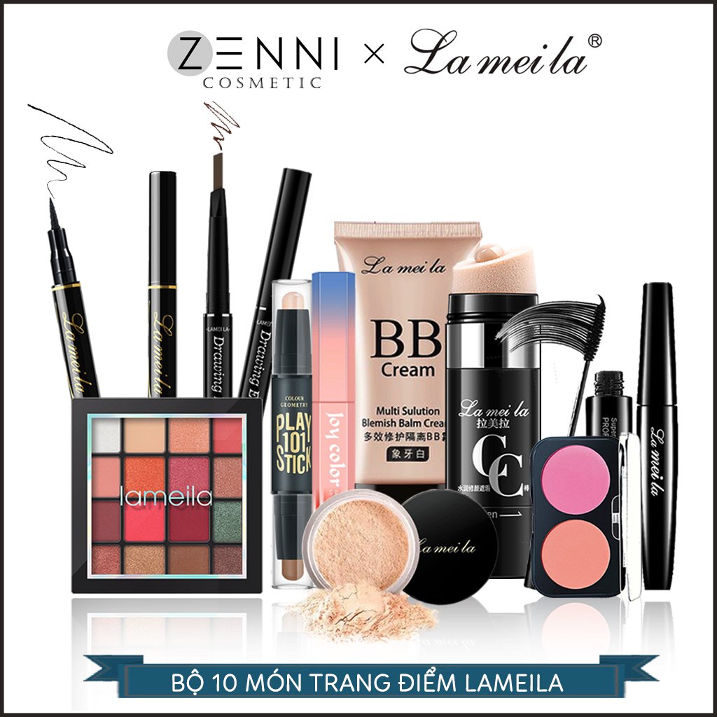 [TẶNG MÚT TÁN KEM NỀN 19K] Bộ 10 món trang điểm chuyên nghiệp đầy đủ Lameila - Che khuyết điểm, kem nền, phấn phủ, bút tạo khối, mascara, phấn mắt, phấn má hồng, son - Zenni
